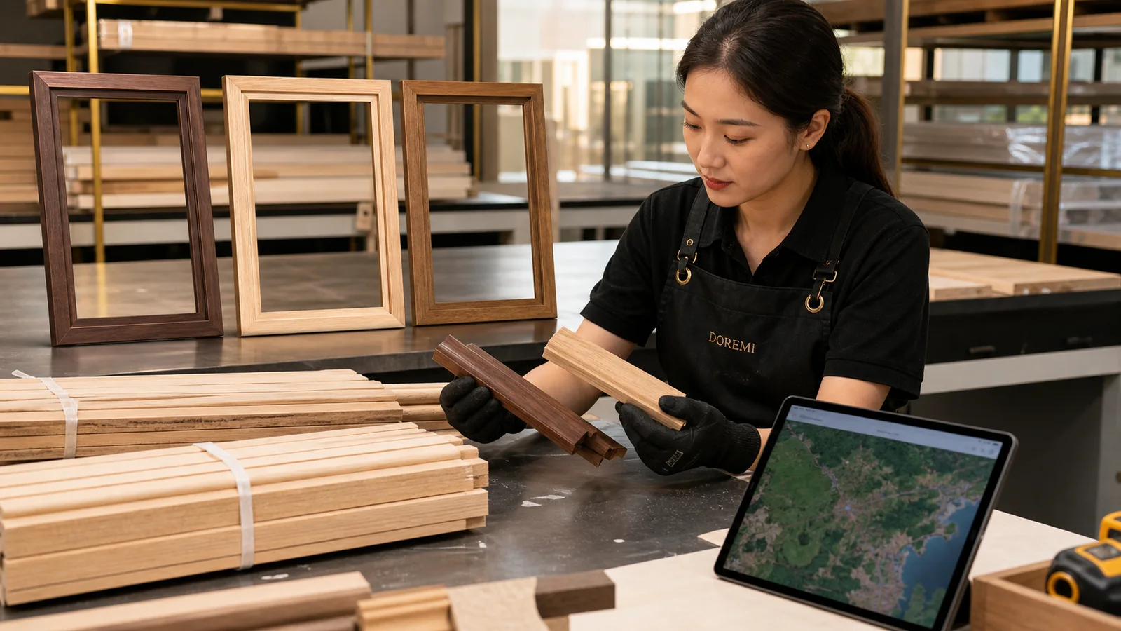 DOREMI material coordinator comparing oak and walnut display-frame mouldings beside controlled timber batches