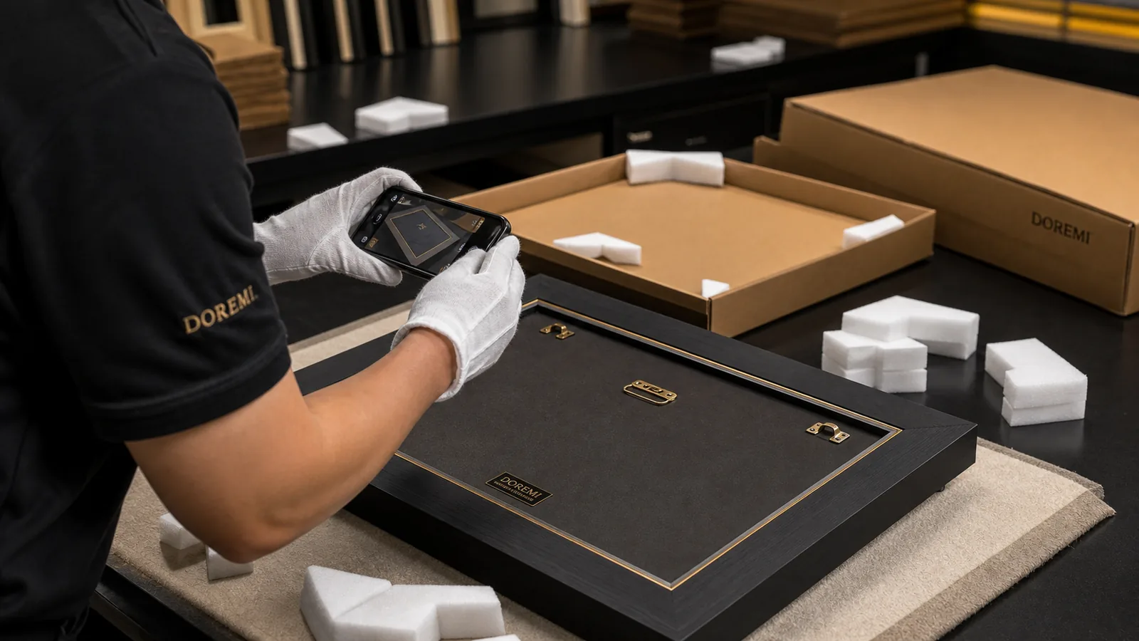 DOREMI quality specialist photographing a display frame and packaging layers after transport validation