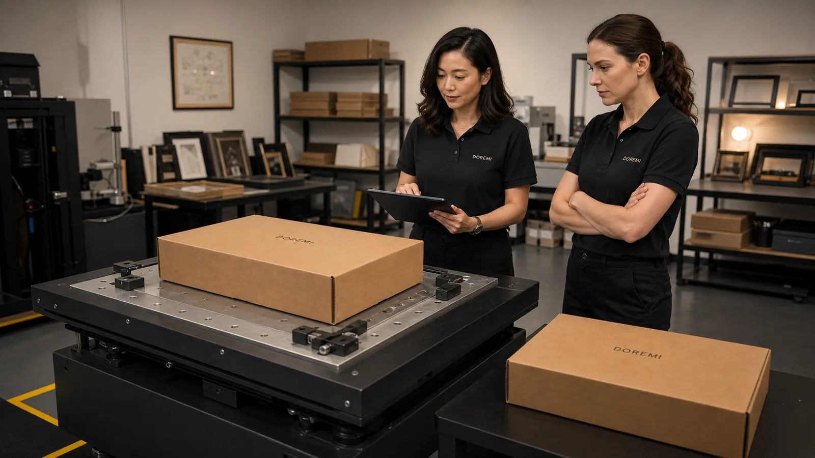 DOREMI packaging specialists observing a sealed display frame carton on a vibration test table
