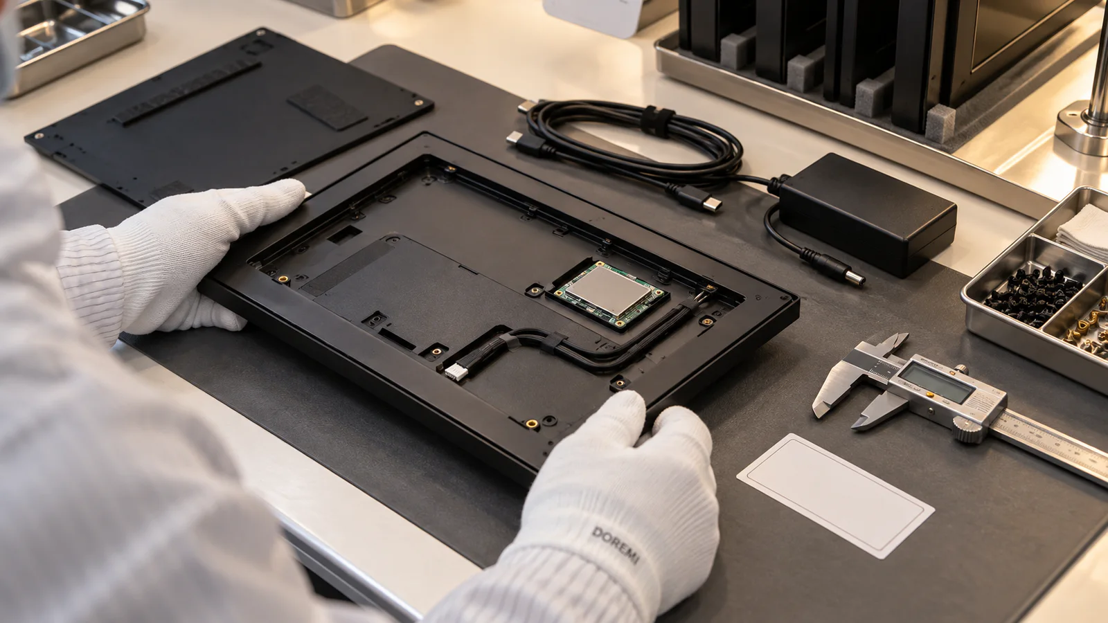 Gloved technician inspecting the rear electronics, wireless module and blank identification-label area of a black digital display frame