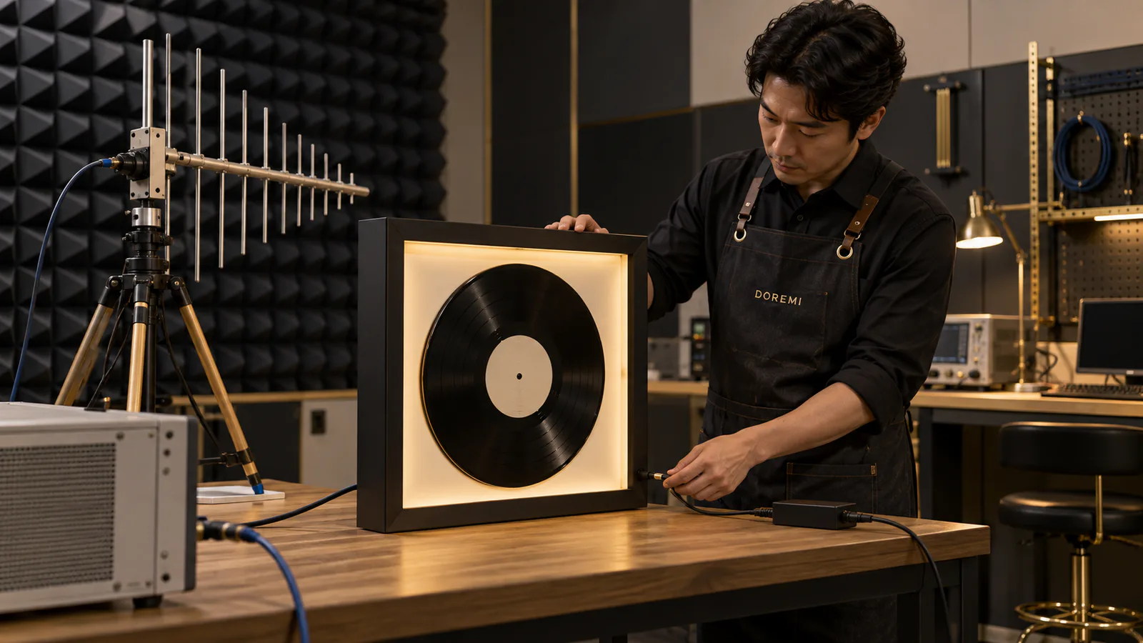 DOREMI technician preparing an illuminated vinyl record display frame and cable arrangement for electromagnetic compatibility measurements