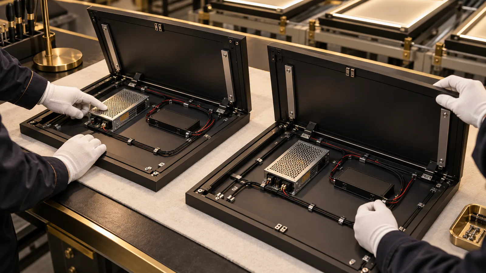 Gloved inspectors comparing the rear electronics and wiring of an approved LED display frame sample with a production unit