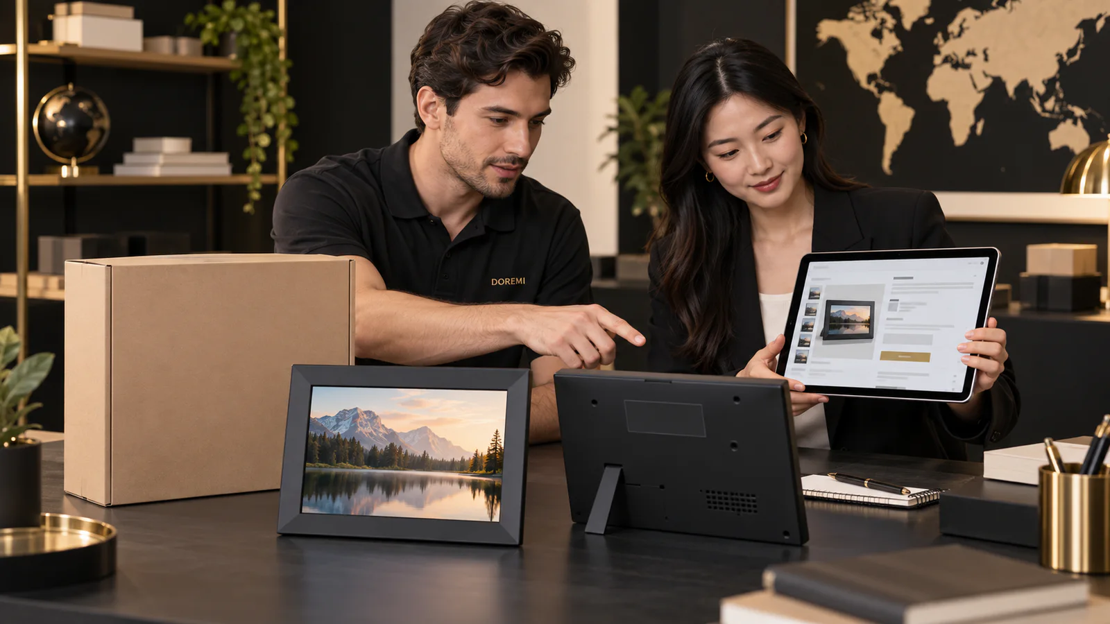 DOREMI specialist and marketplace buyer reviewing a connected display frame, plain retail pack and abstract product-listing layout