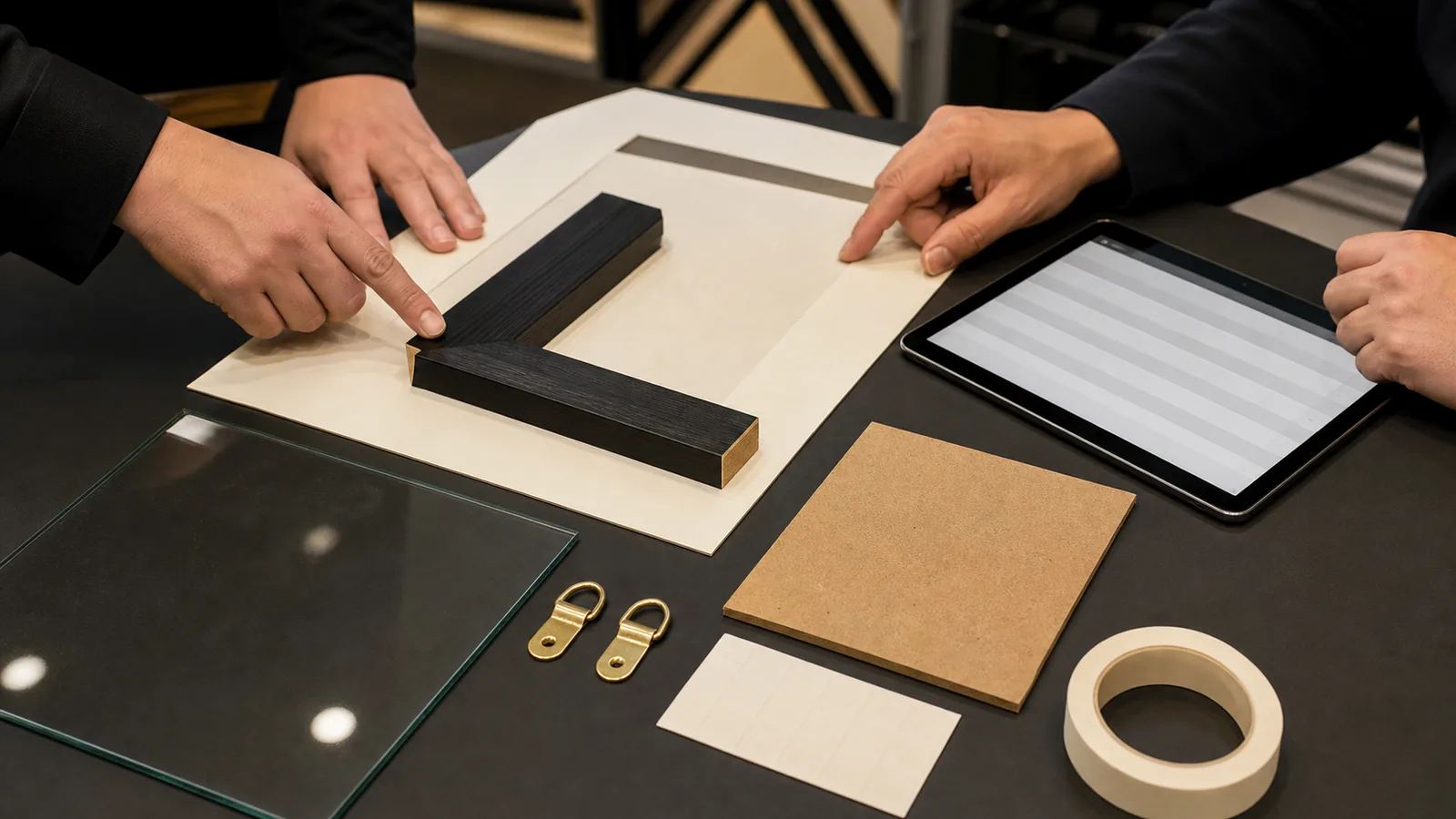 Buyer team mapping black display-frame moulding, glazing, mat, MDF backing and hanging hardware for a formaldehyde review