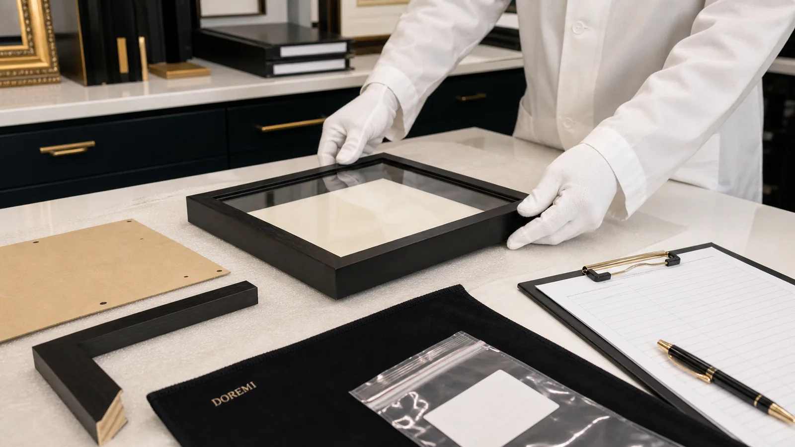 Technician receiving a black display-frame sample, backing and moulding references for a controlled laboratory handover