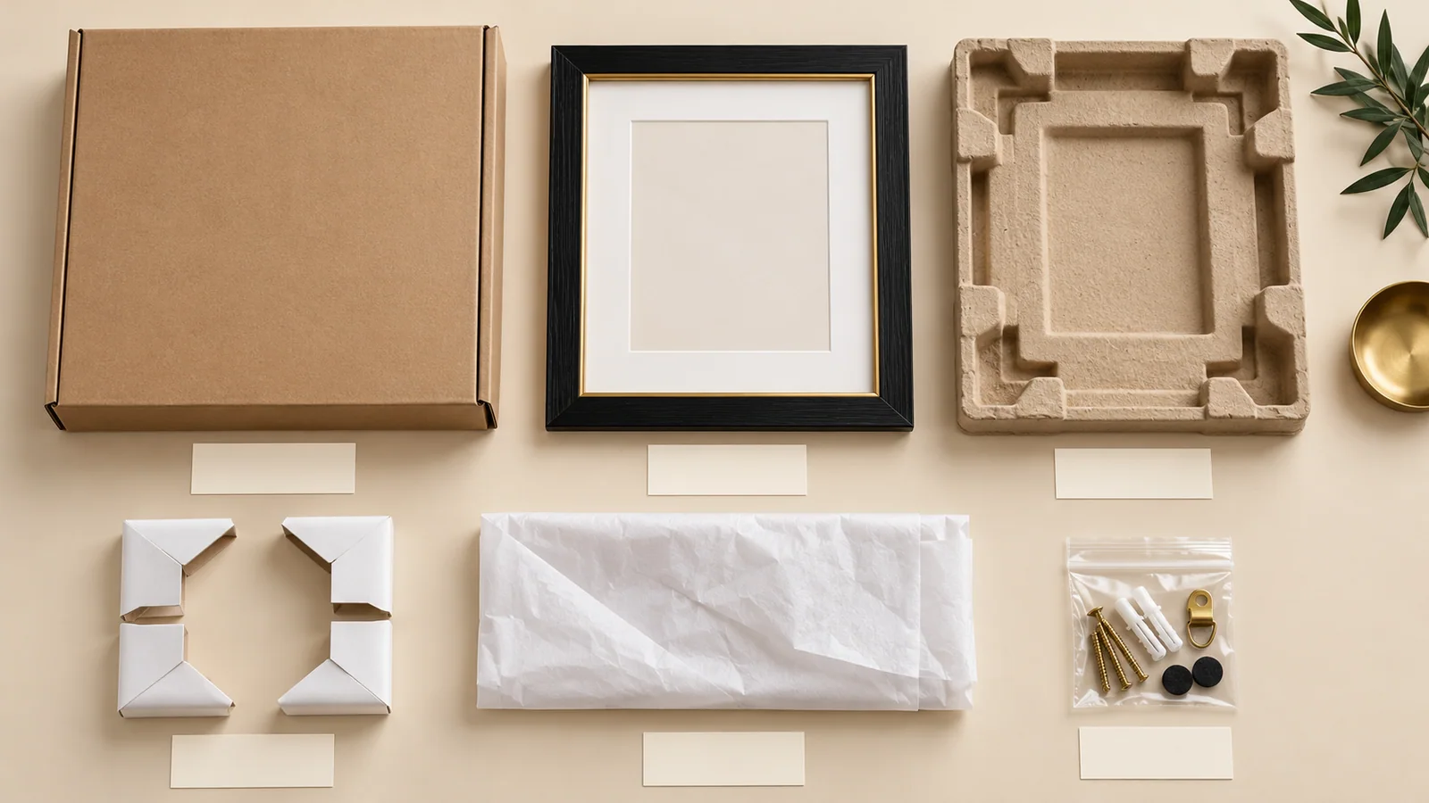 Black display frame, carton, moulded fibre, paper corners, tissue and hardware pouch arranged as a French packaging component map