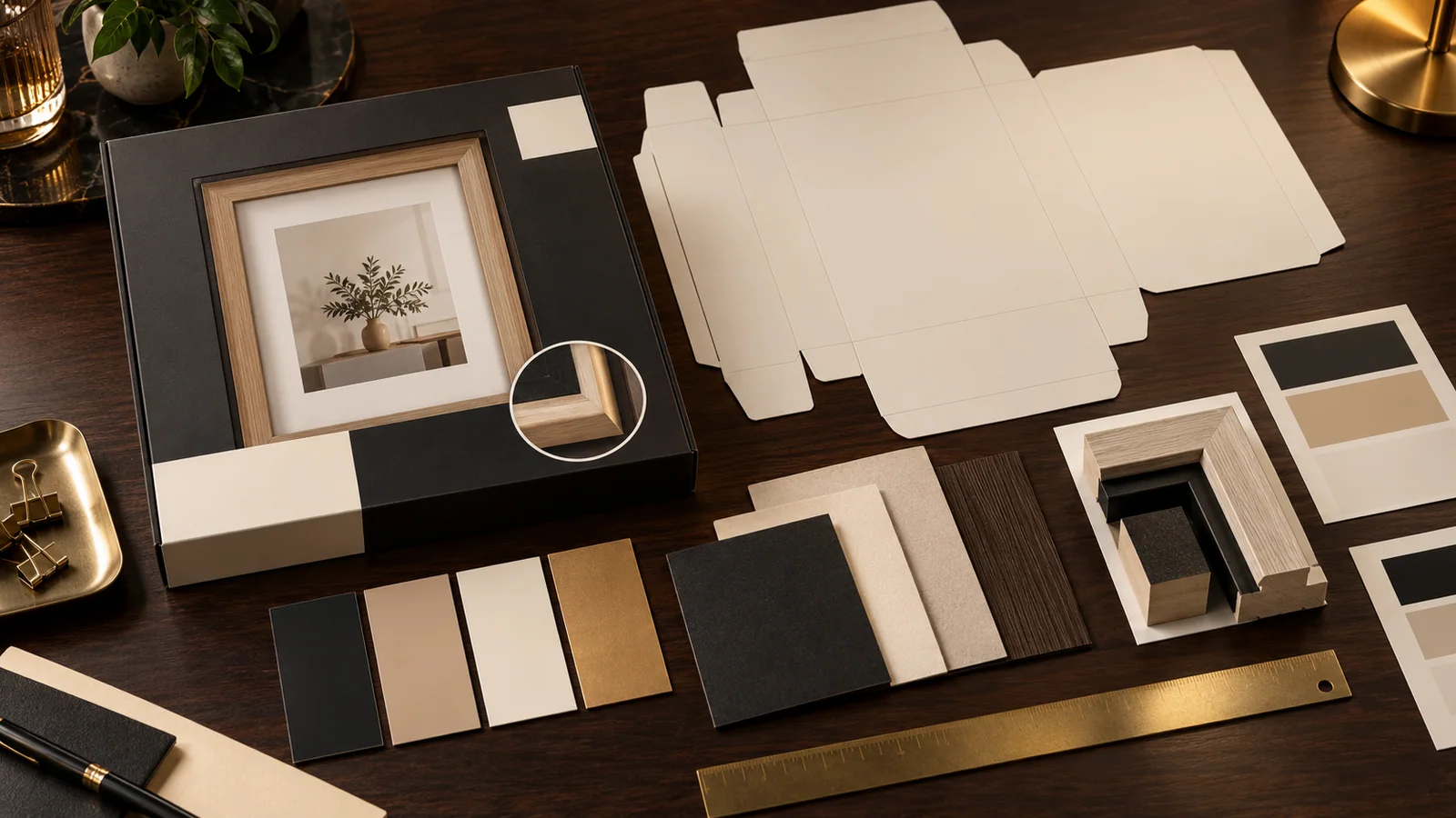 Display frame carton, blank dielines, material swatches and packaging proofs arranged for a French Info-tri artwork handover