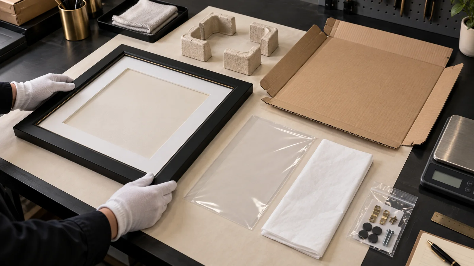 Black display frame with corrugated carton, molded paper corners, protective film and hardware separated for a French professional-packaging BOM review