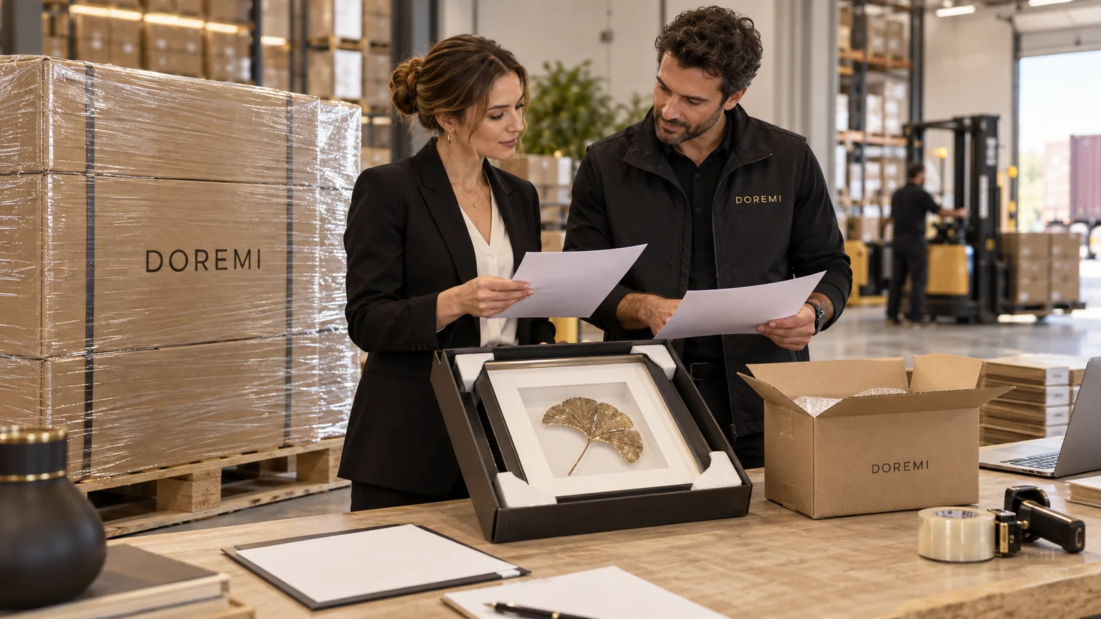 French brand buyer and DOREMI project advisor comparing a palletised master carton, retail-packed shadow box and shipment carton