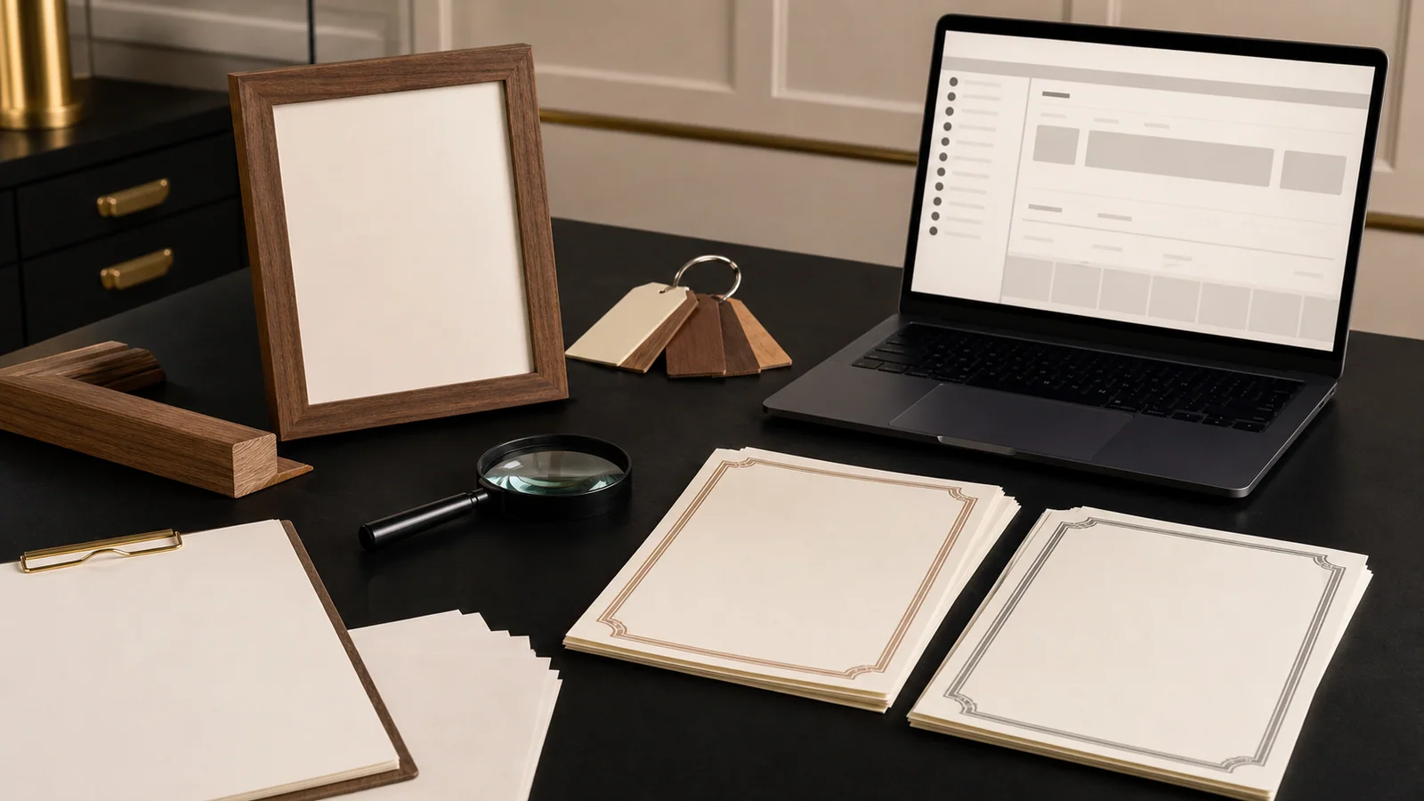 Wooden display-frame sample, material swatches, blank controlled documents and a laptop arranged for an FSC certificate-scope verification