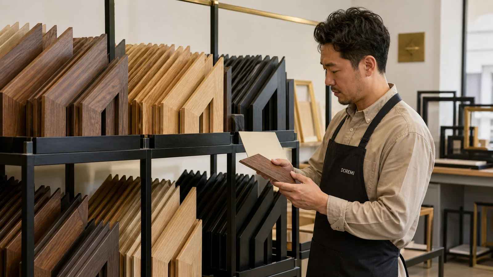 DOREMI workshop specialist checking separated wooden frame moulding samples against controlled material references