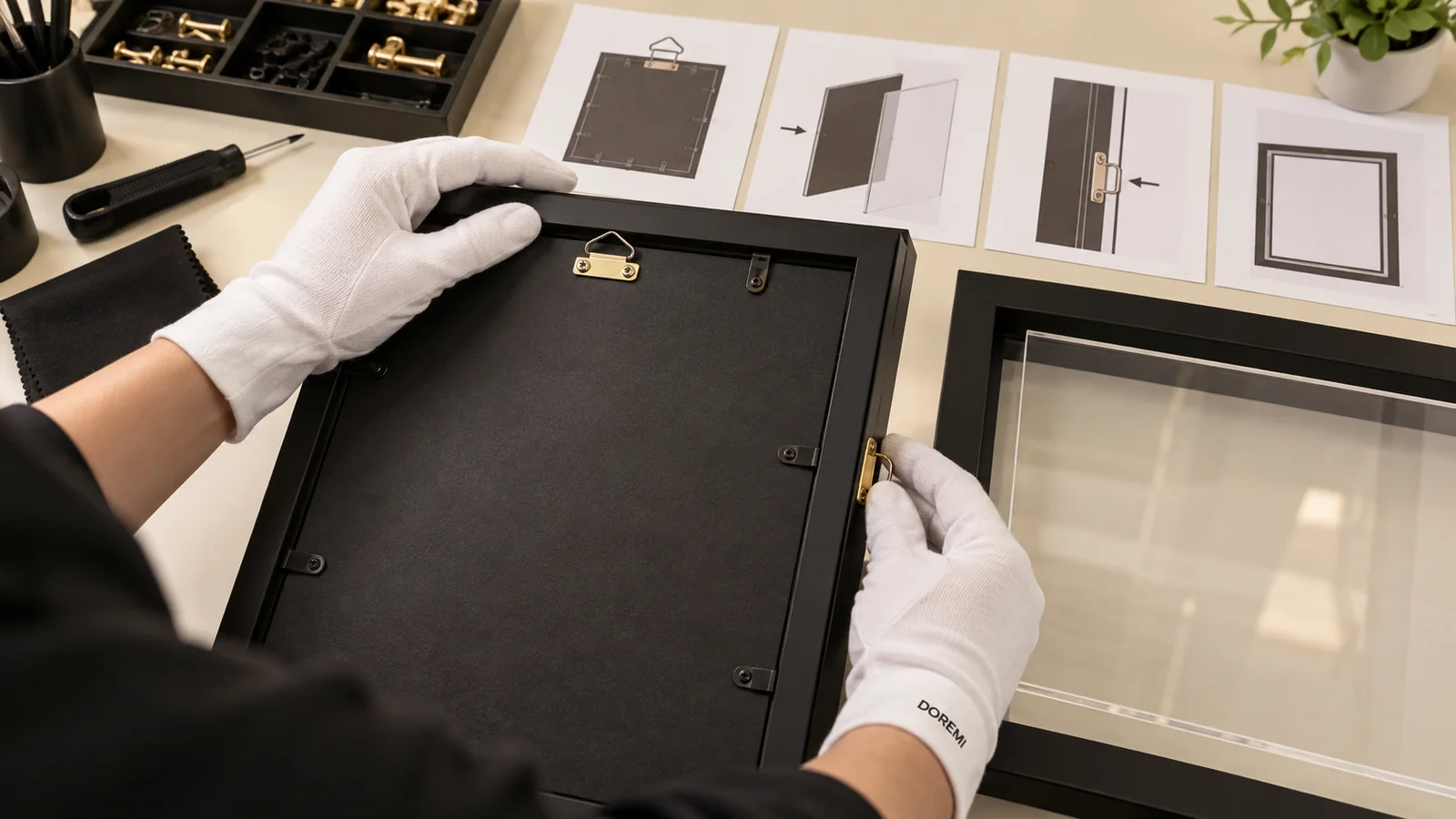 DOREMI quality team reviewing rear hanging hardware, backing retention and blank installation diagrams on a black shadow box frame