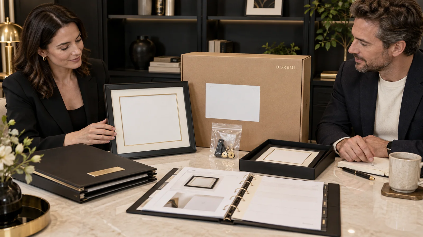 British buyer and DOREMI advisor organizing a black certificate frame, cream carton, hardware pouch, retained sample and revision records