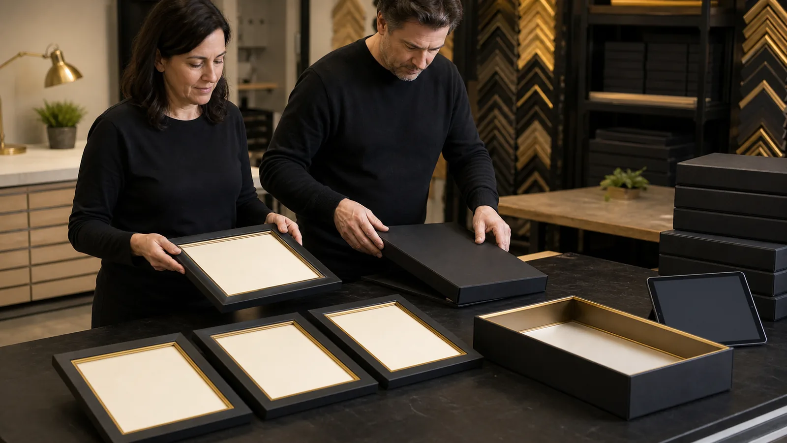 Quality team packing blank black-and-gold certificate frames and closing a plain project folder at the end of a controlled production run