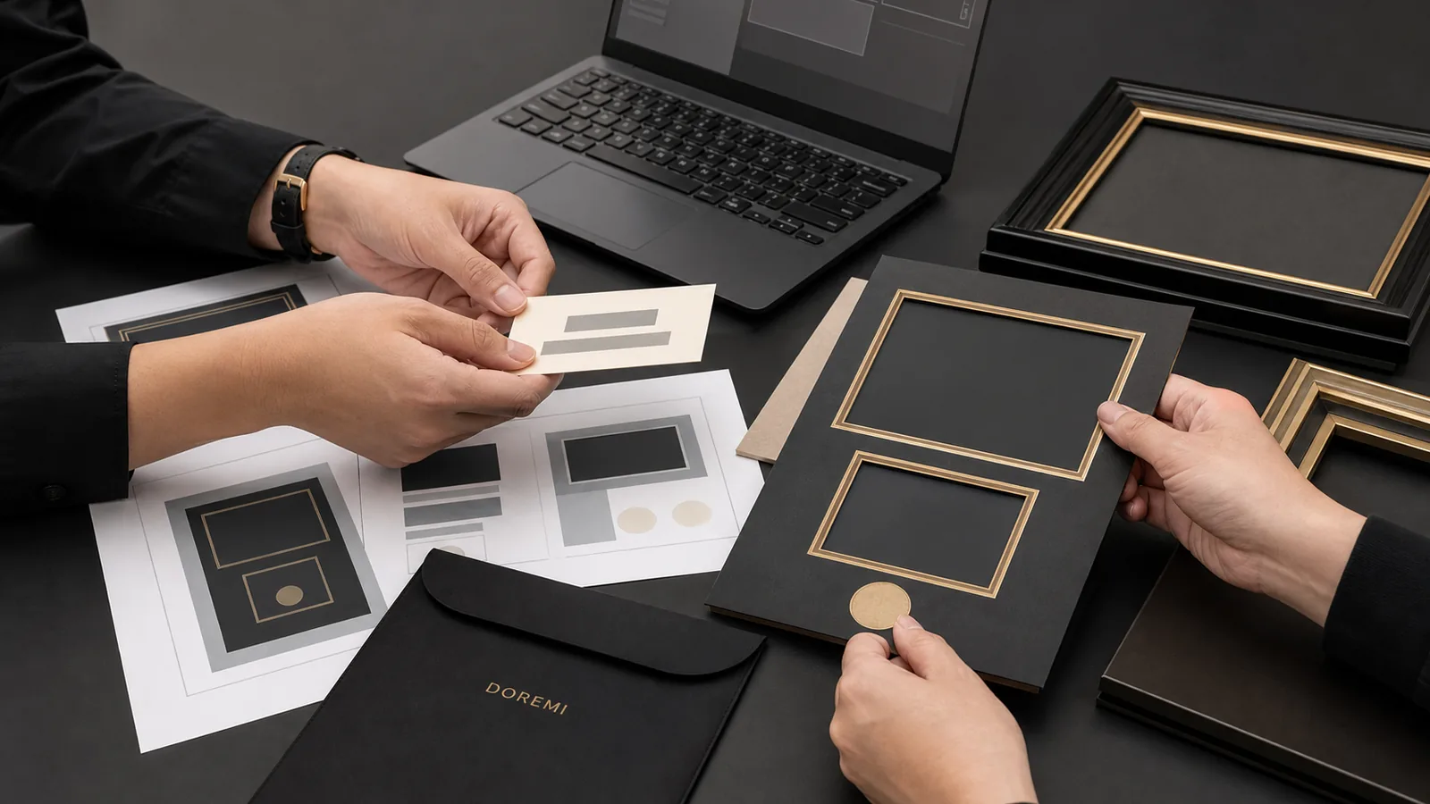 Buyer and frame supplier comparing coded blank artwork proofs with black-and-gold certificate frame samples at a secure workstation