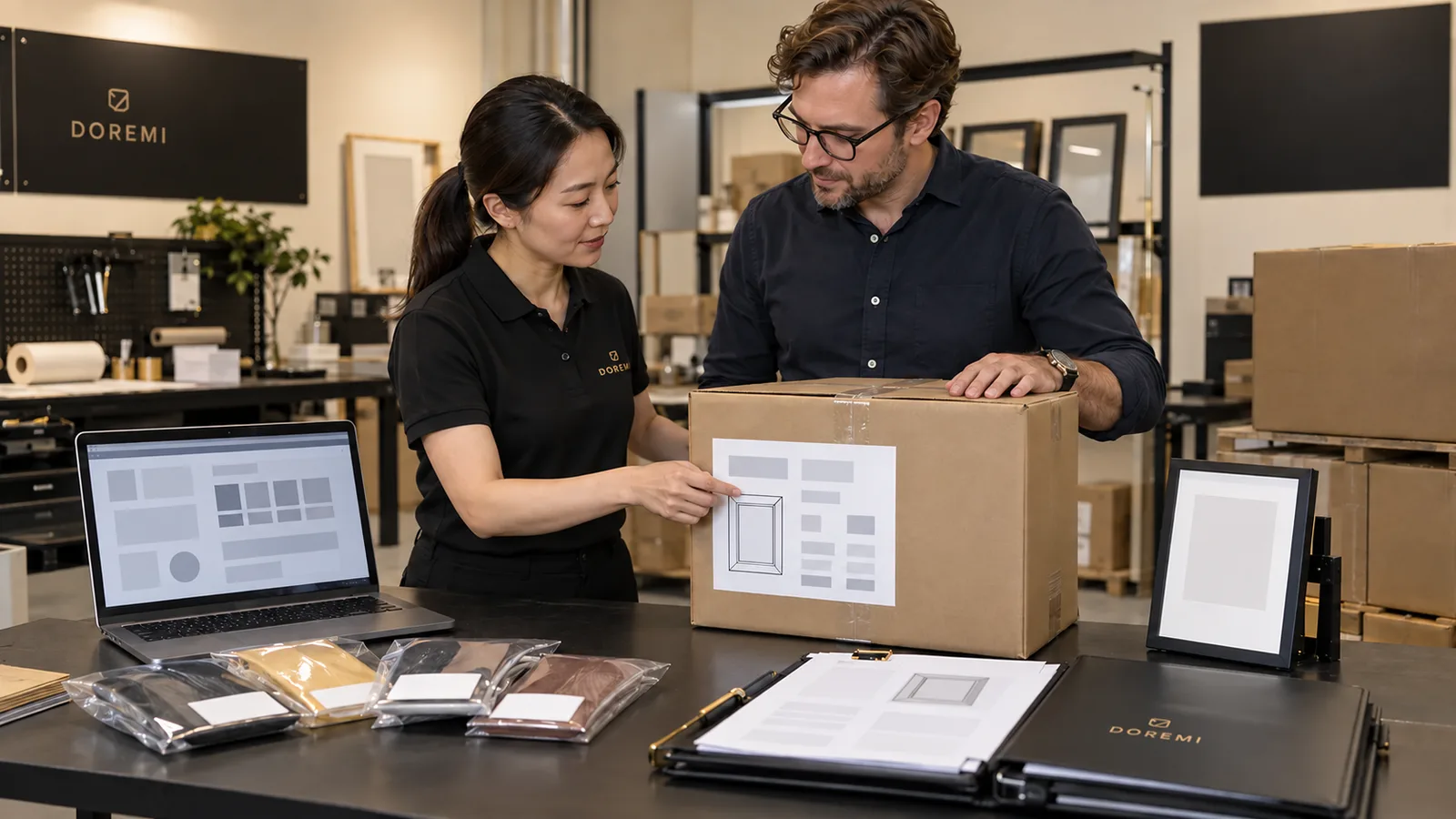DOREMI advisor and European buyer checking a display-frame carton, packaging samples and digital compliance records