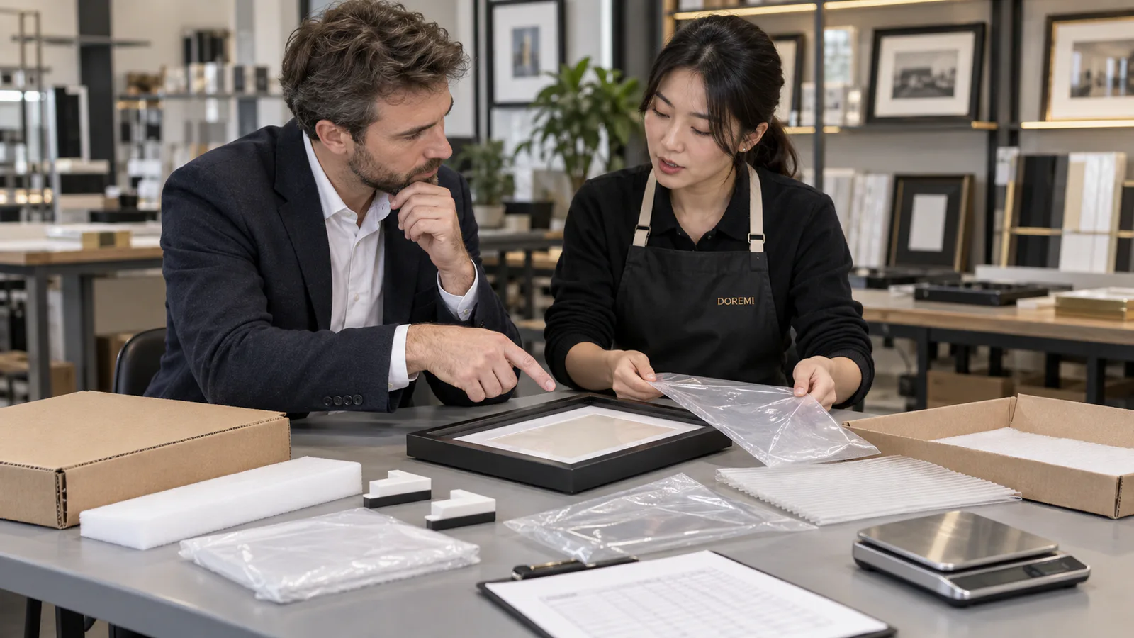 German retail buyer and DOREMI packaging engineer reviewing a black display frame, protective materials and packaging bill of materials