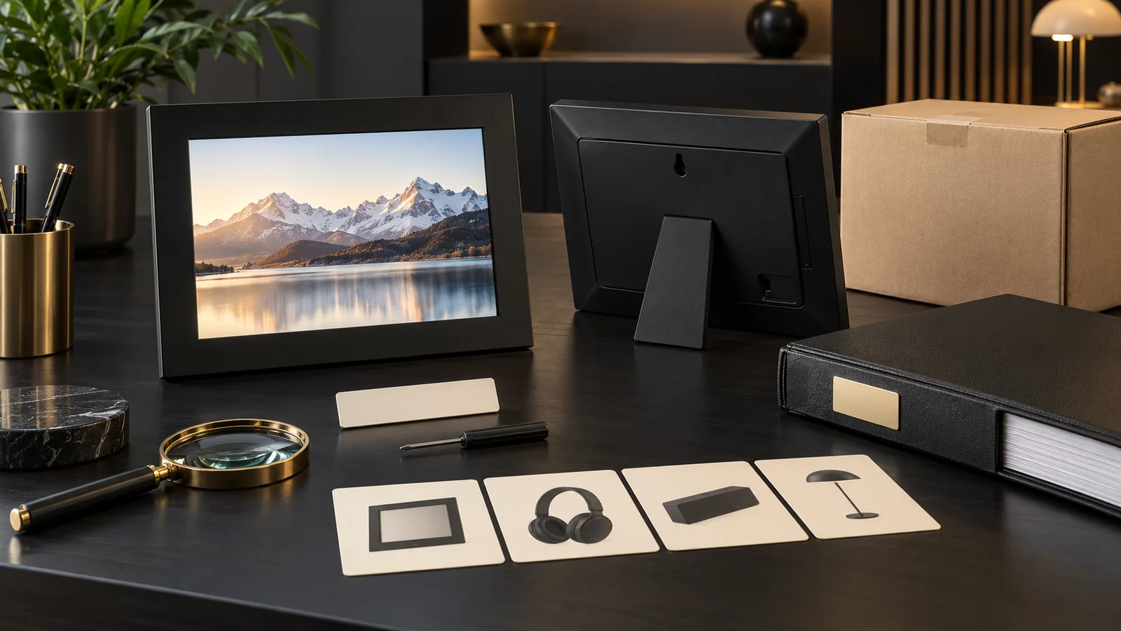 Front and back views of a premium digital photo frame with blank brand plate and equipment-category review cards