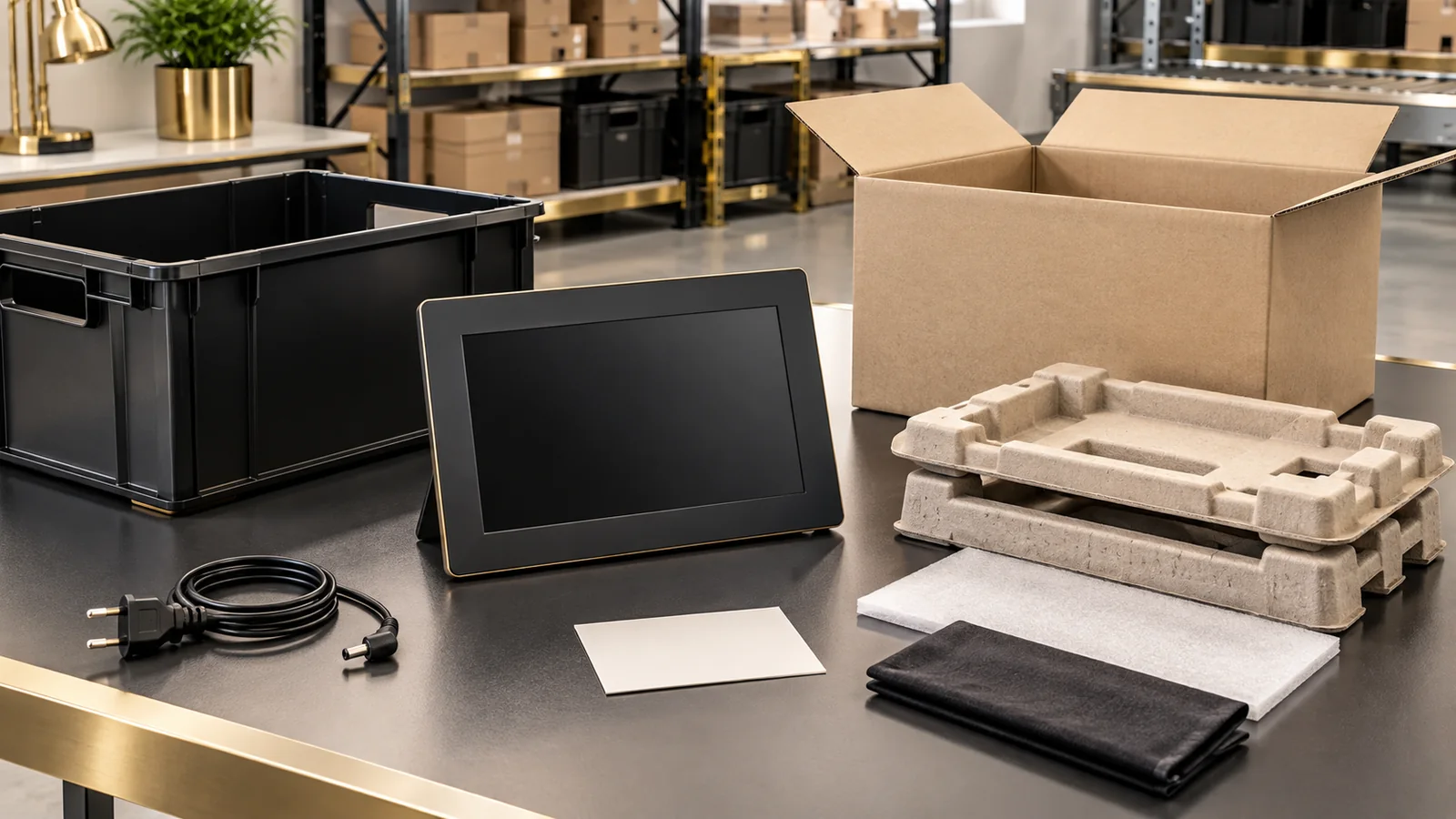 Digital photo frame, power cable, reusable crate and protective packaging arranged for a German take-back operations plan