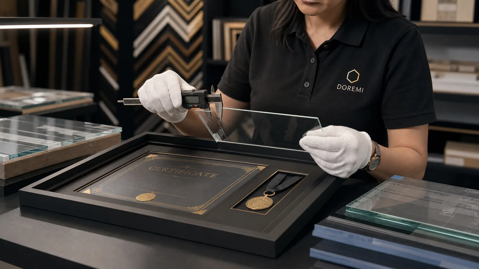 DOREMI quality specialist measuring a clear glazing sample above a premium certificate display frame