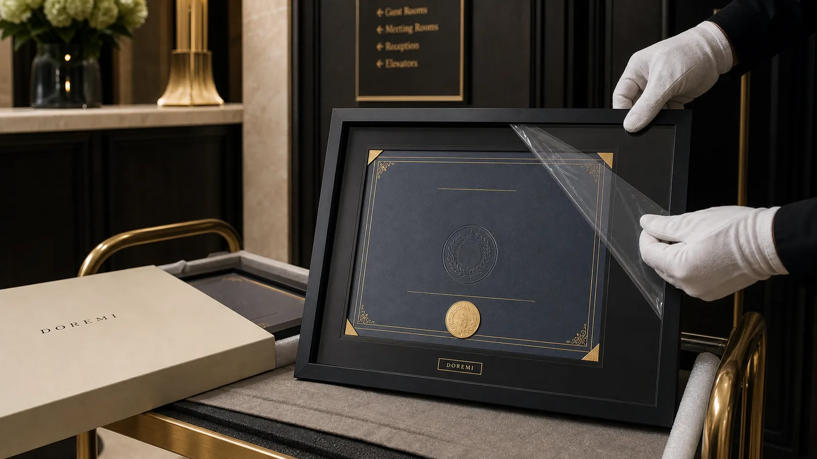 Protective film being removed from a DOREMI certificate display frame before a corporate installation