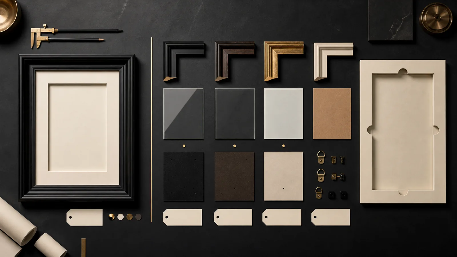 Controlled flat lay of a black display frame with moulding, glazing, backing, hardware and packaging components for change review