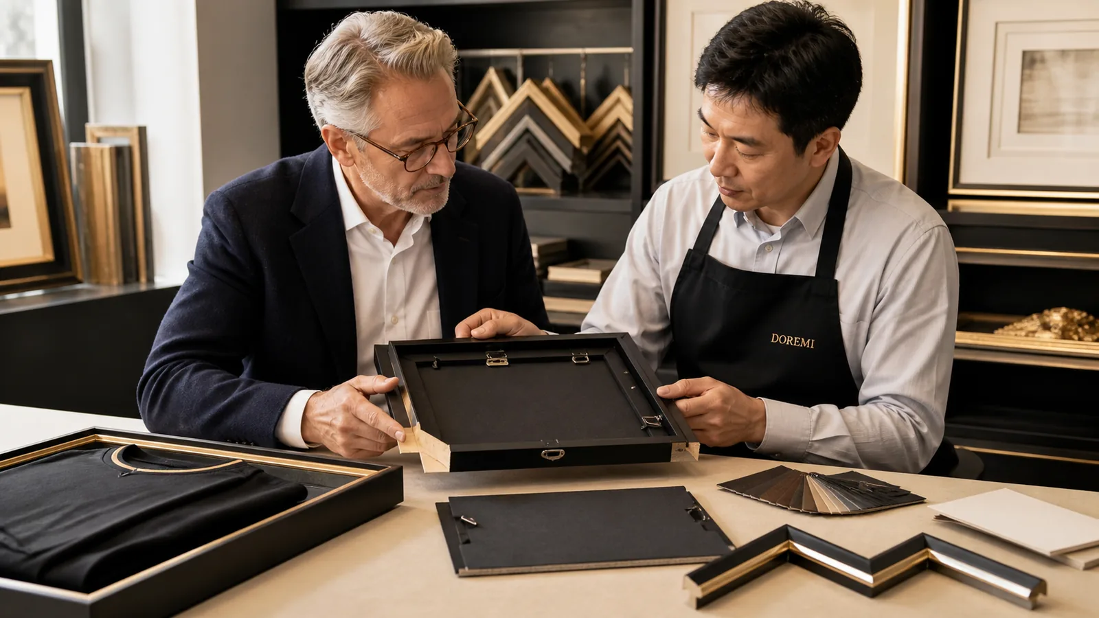 Buyer and DOREMI project adviser reviewing the rear hardware and construction of a black display-frame sample