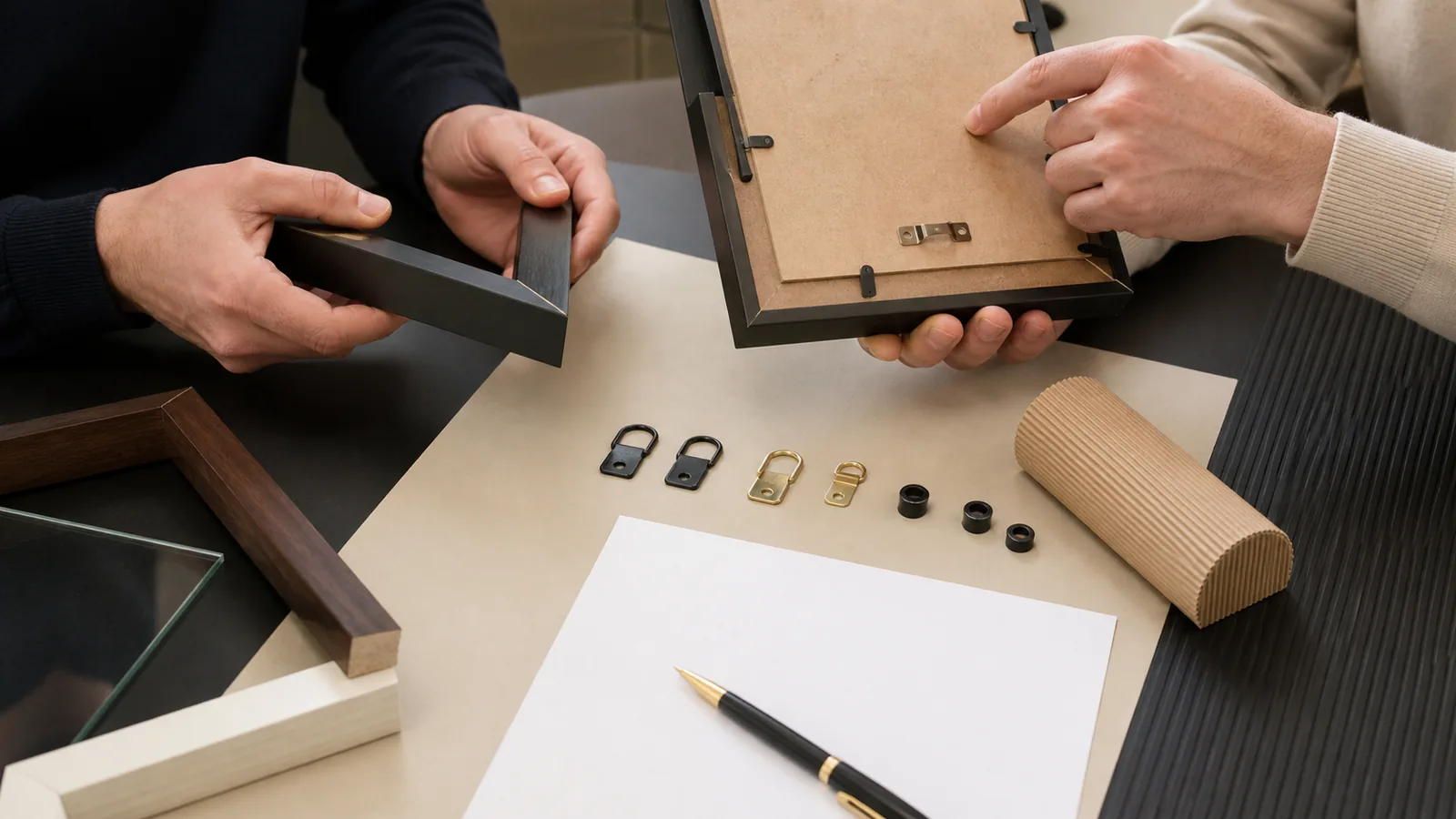 Importer and frame supplier reviewing display-frame corners, backing retention, hanging hardware and protective components