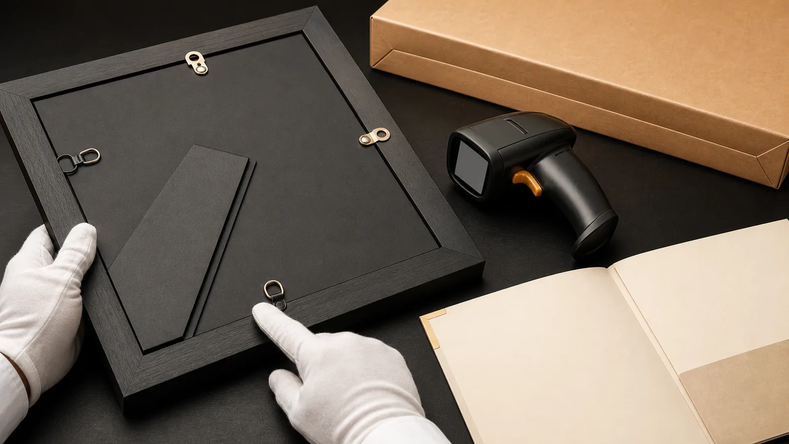 Gloved inspector reviewing a black display-frame back, hanging hardware, blank specification folder, scanner and protective carton