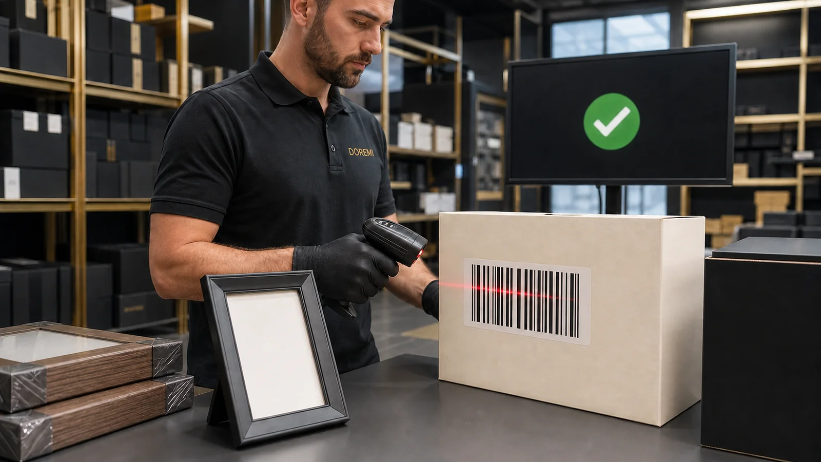 DOREMI warehouse technician scanning a text-free barcode on private-label display-frame packaging
