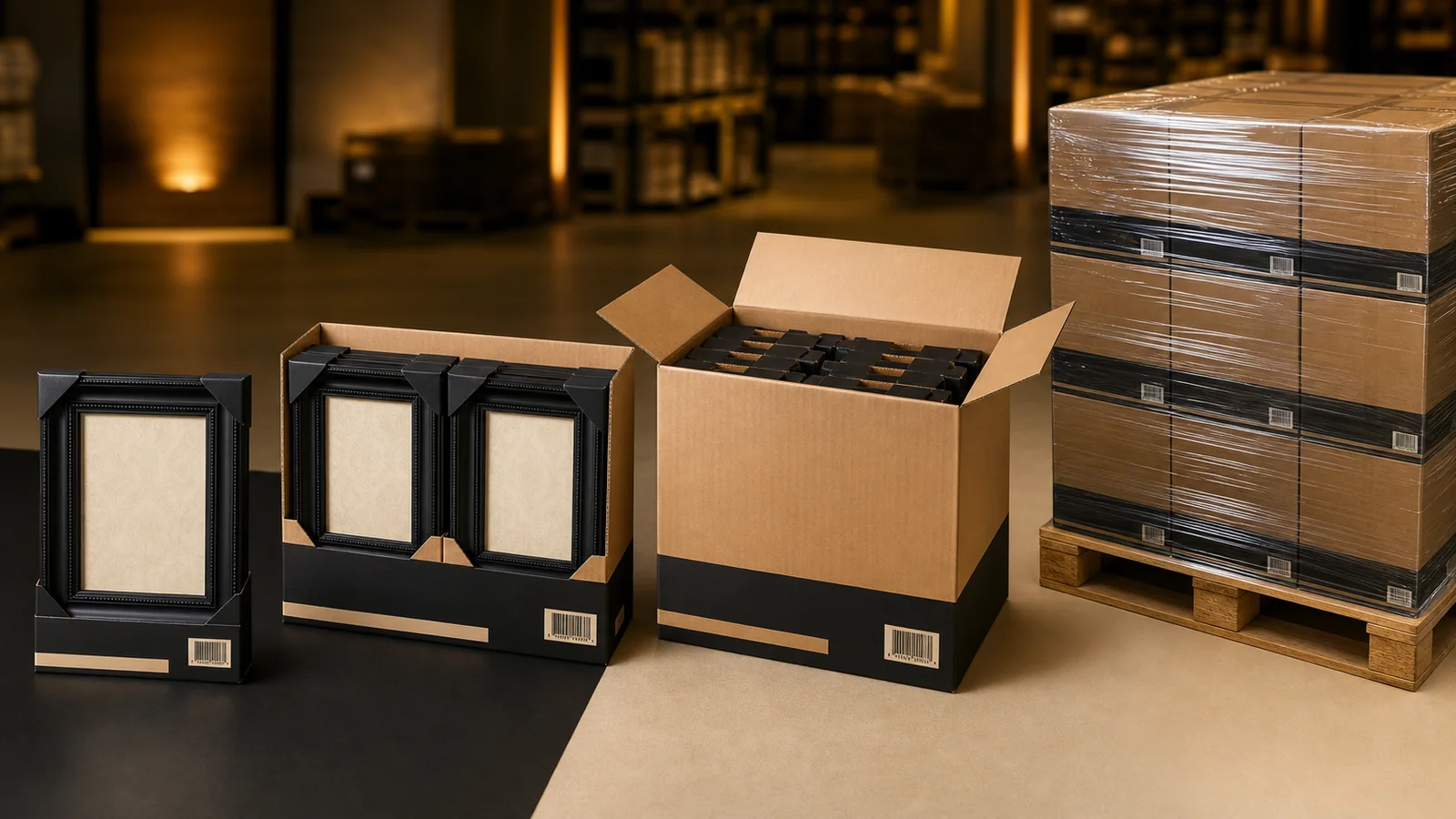 Private-label certificate frames arranged as retail unit, inner pack, shipping case and pallet packaging levels