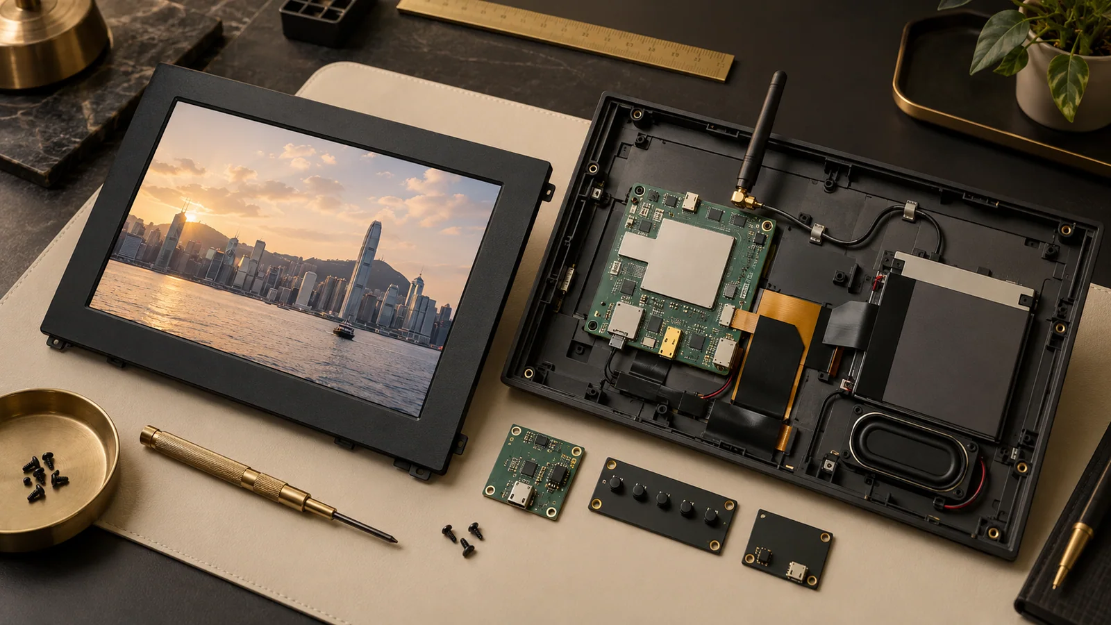 Opened black Wi-Fi digital photo frame showing a generic radio board, antenna route and display assembly during a Hong Kong configuration review