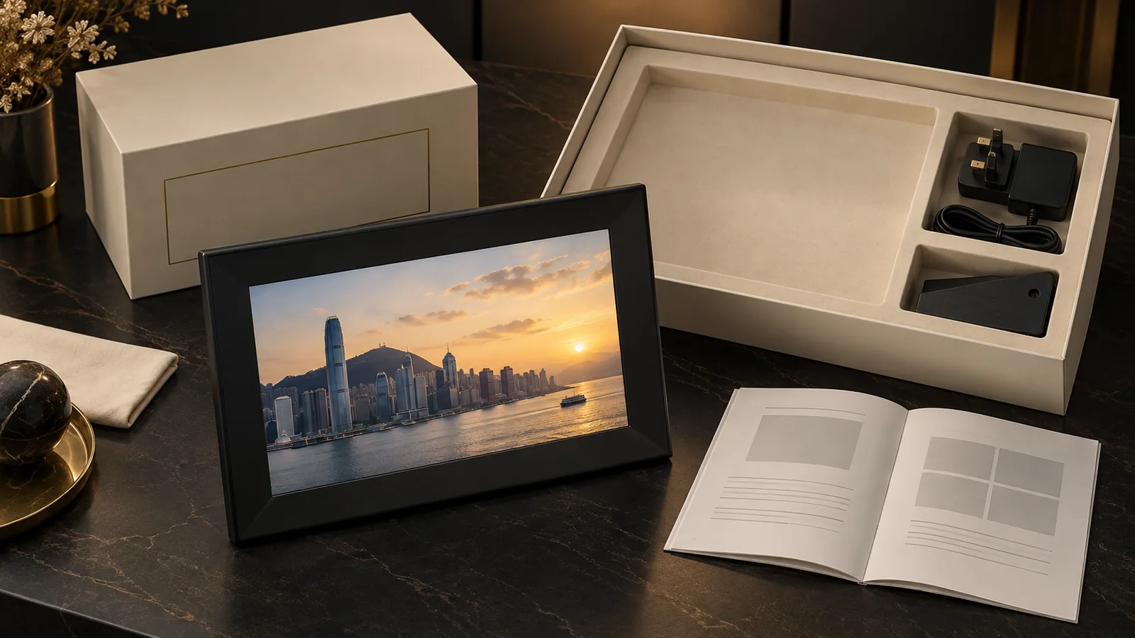 Black Wi-Fi digital photo frame, three-pin power supply, blank manual and fitted cream packaging arranged for a Hong Kong shipment review