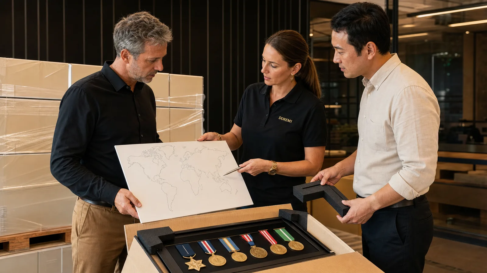 Importer, freight forwarder and DOREMI project adviser reviewing protected medal frames and an international delivery route