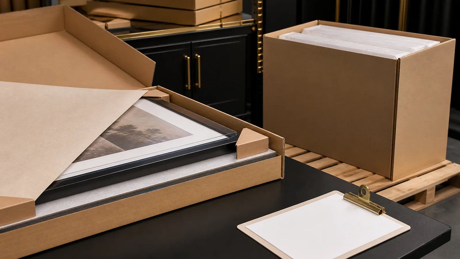 Premium display frames protected with corner blocks and inner sleeves inside neutral export cartons beside a blank cost worksheet