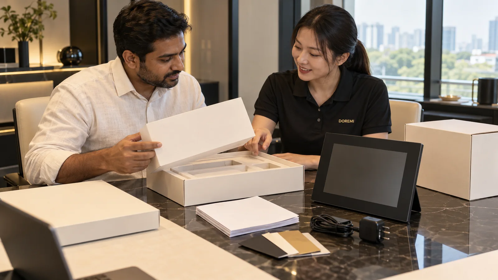 Indian importer and DOREMI specialist reviewing blank retail packaging and a black digital photo frame sample