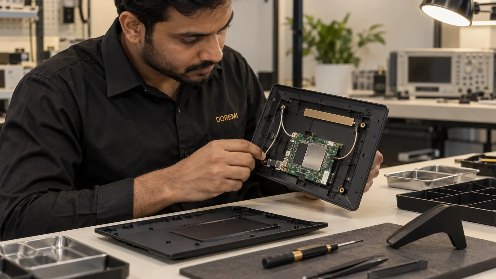 DOREMI technician inspecting the radio module and antenna layout inside a black Wi-Fi digital photo frame for an India model