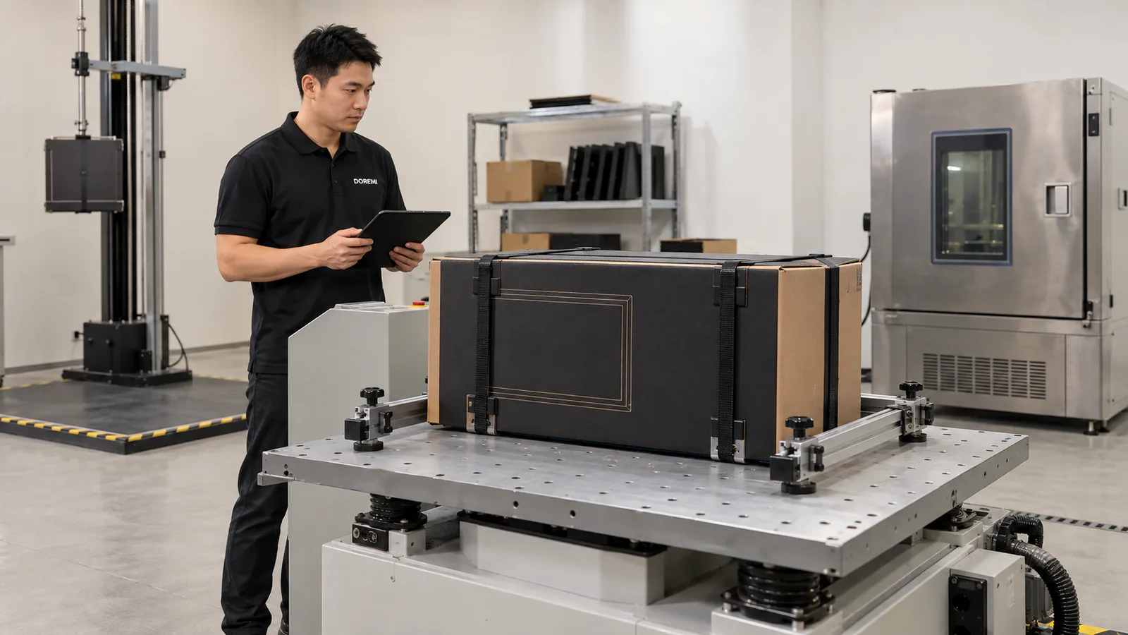 DOREMI packaging engineer monitoring a packed display frame on a parcel-package vibration test table