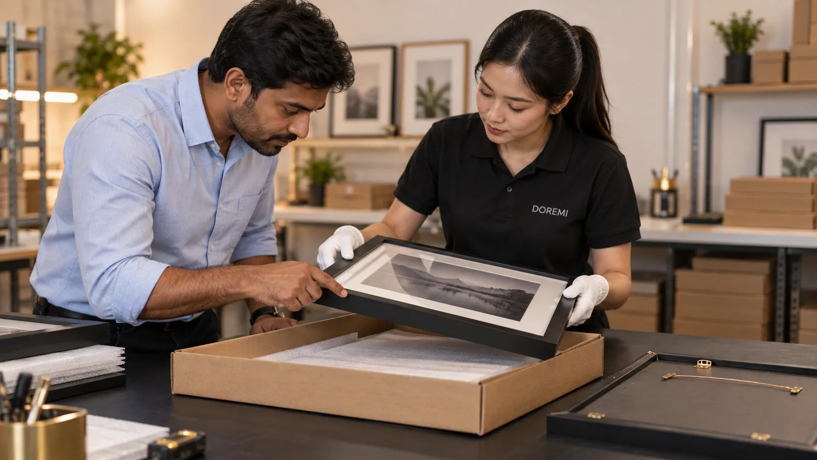 India ecommerce buyer and DOREMI packaging advisor inspecting a black display frame and carton after parcel testing