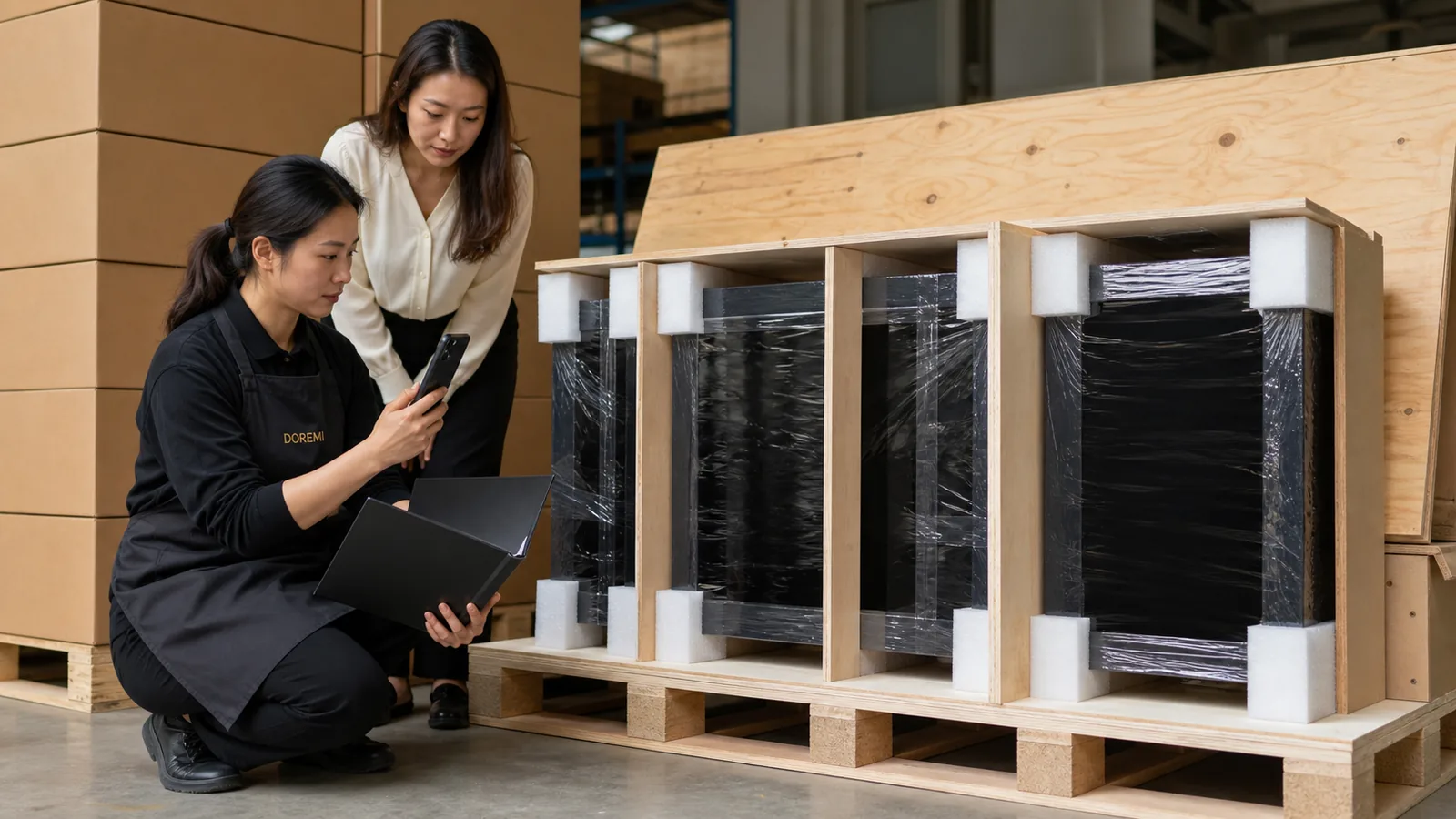 DOREMI packing adviser photographing a protected display-frame crate and recording the wood-packaging construction before export