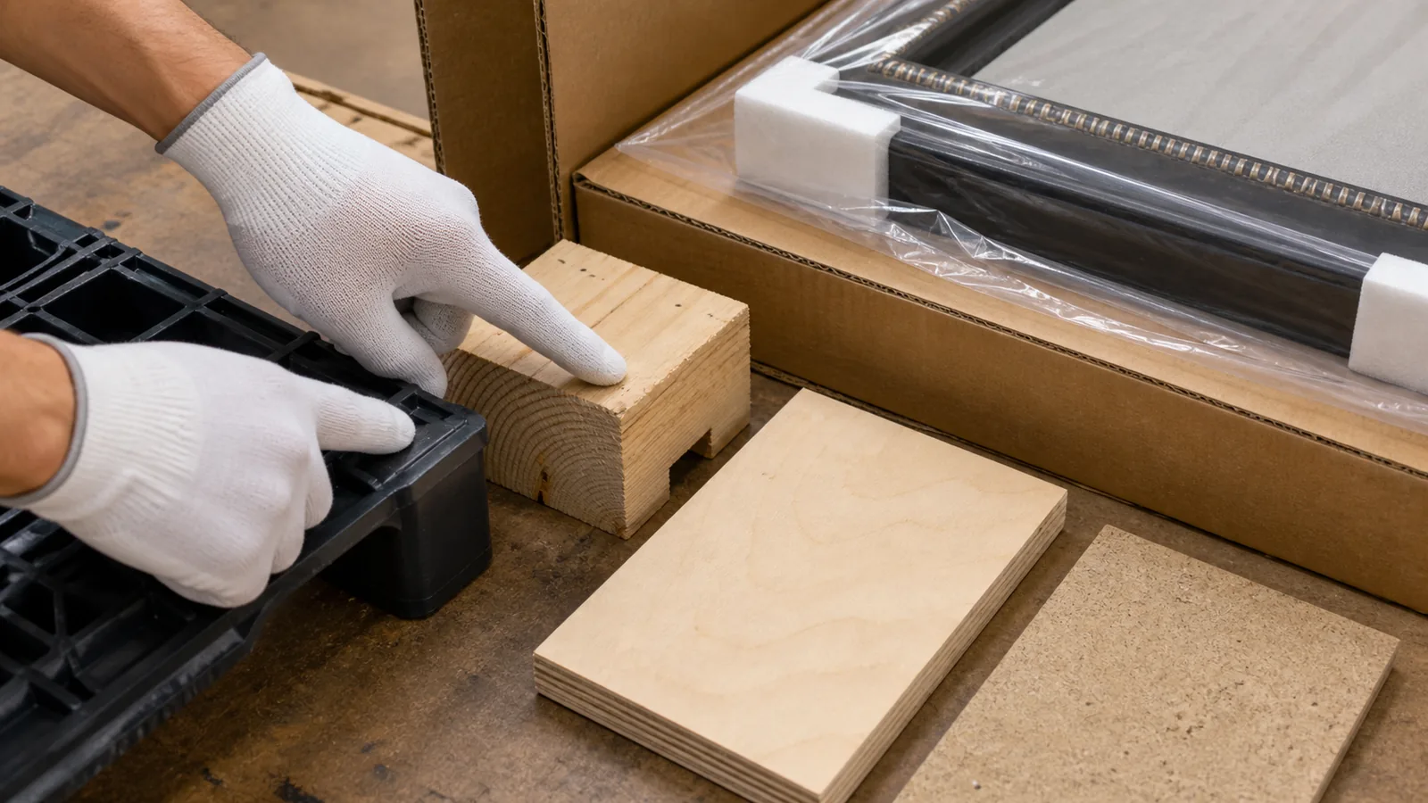 Gloved packing specialist comparing solid wood, plywood, pressed board and a plastic pallet corner beside a protected black display frame