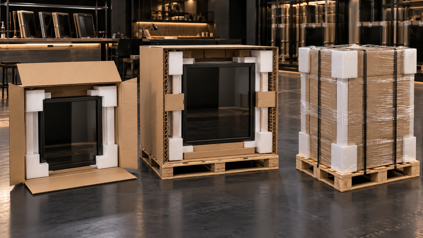 Parcel carton, reinforced display-frame pack and unit-load corner protection compared on a premium packaging laboratory bench