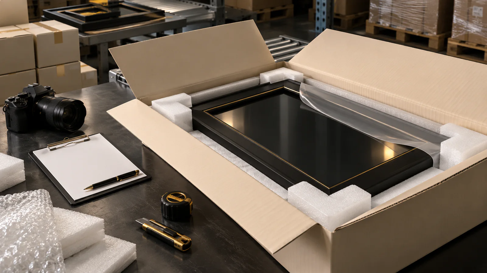 Intact black display frame unpacked from cream protective cushioning beside a blank inspection clipboard after transit testing