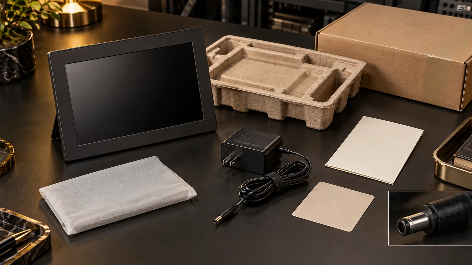 Digital photo frame, external AC adapter, cable and protective retail packaging arranged for a Japan PSE evidence review