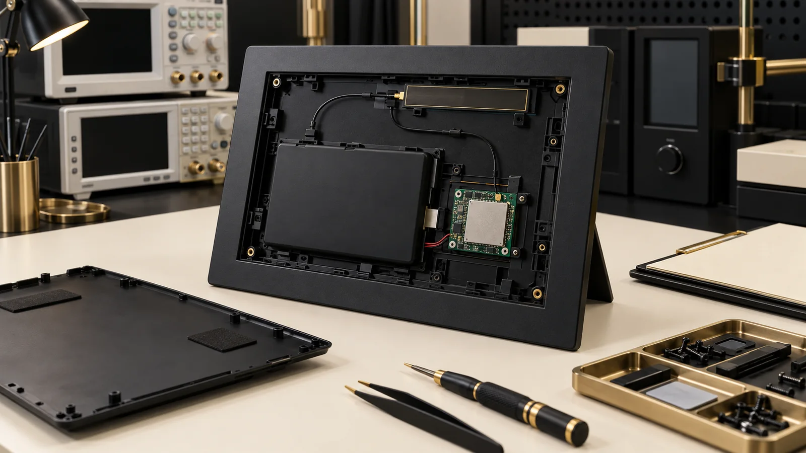 Open digital photo frame showing a generic Wi-Fi module and antenna routing on a clean radio-construction inspection bench