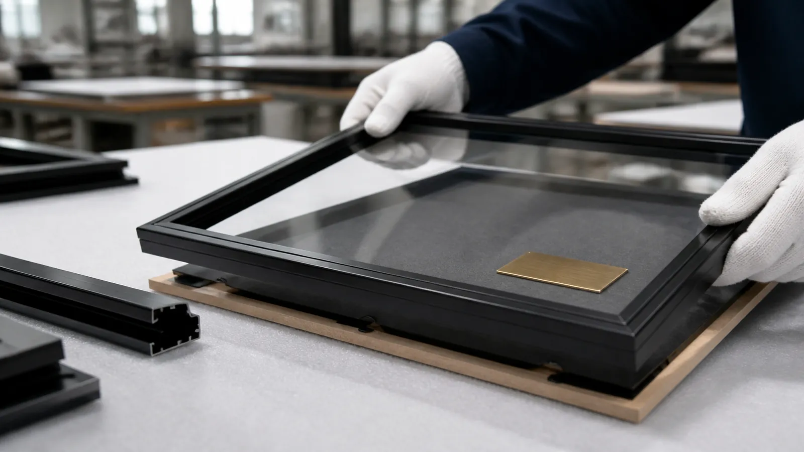 Gloved hands assembling a premium black display frame in a workshop