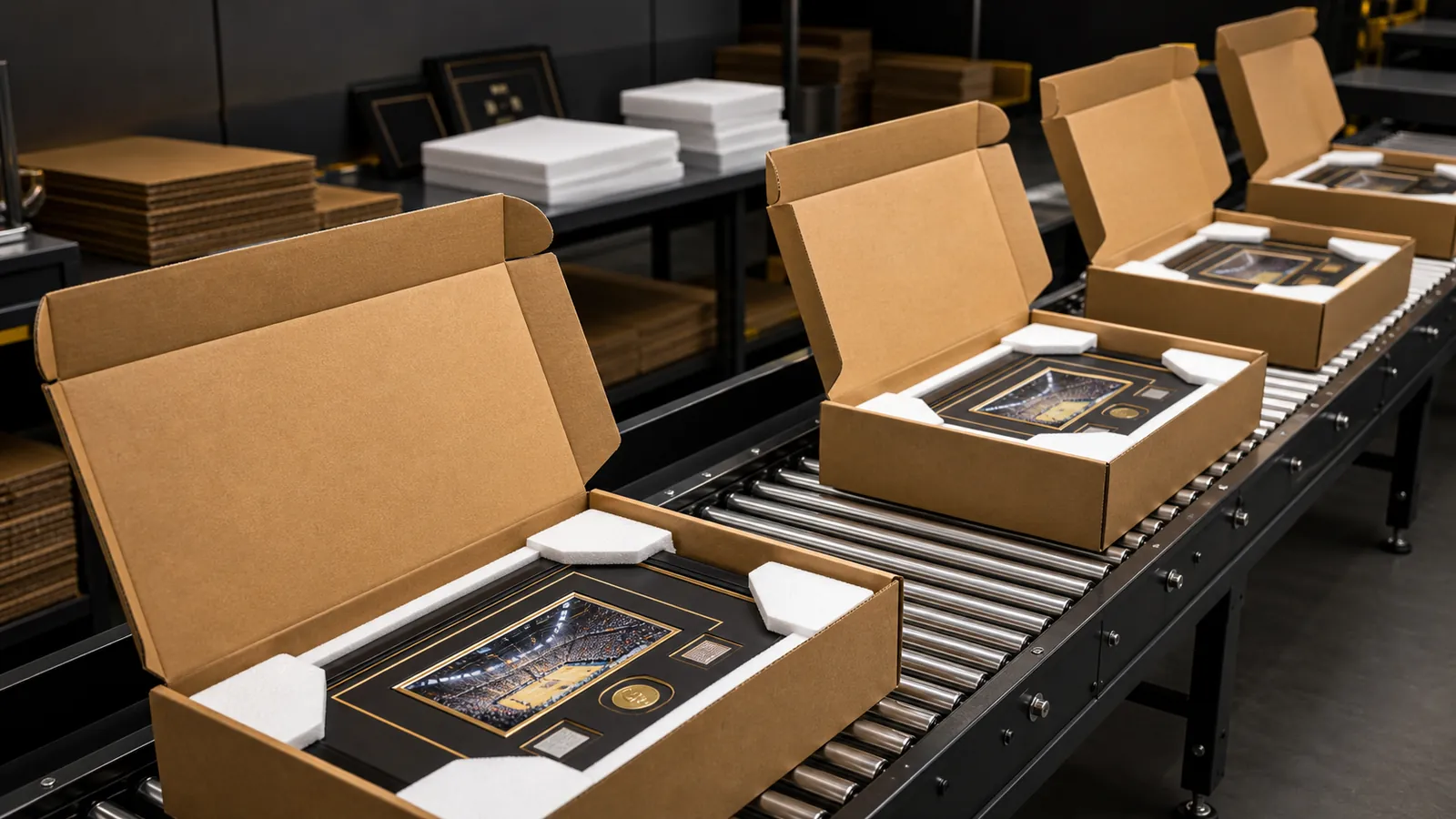 Open export cartons protecting framed jersey displays on a packing line