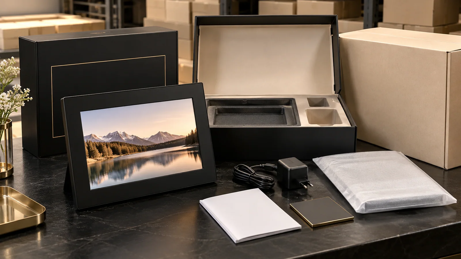 Black digital photo frame, compact adapter, blank manual and fitted cream packaging arranged for a South Korea shipment review