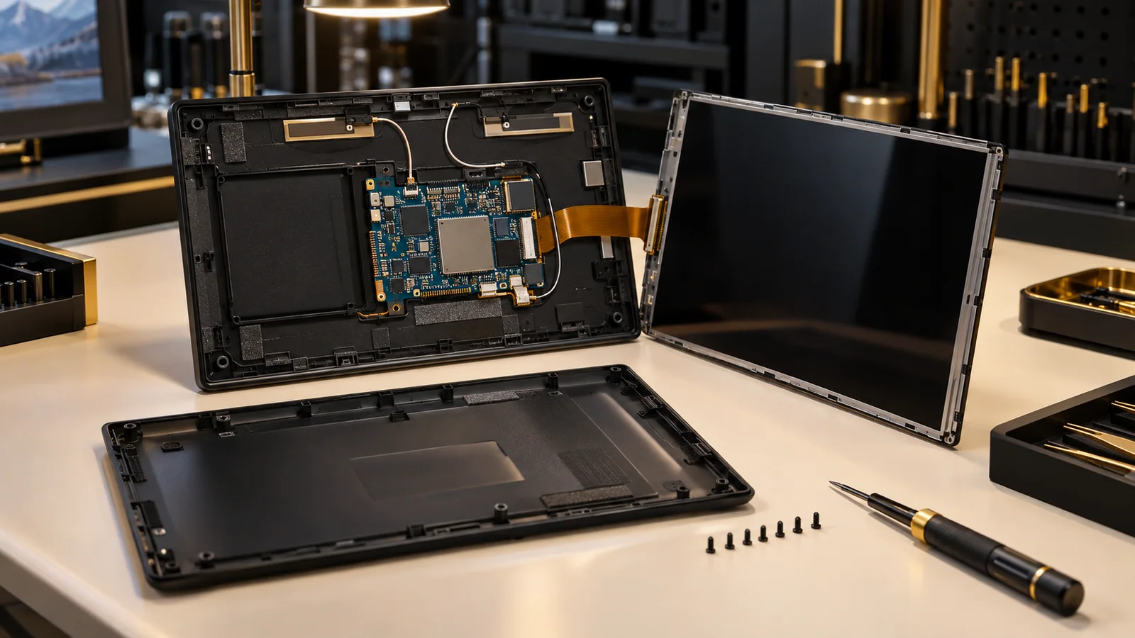 Opened black Wi-Fi digital photo frame showing its generic radio board, antenna routing and display assembly on a premium inspection bench