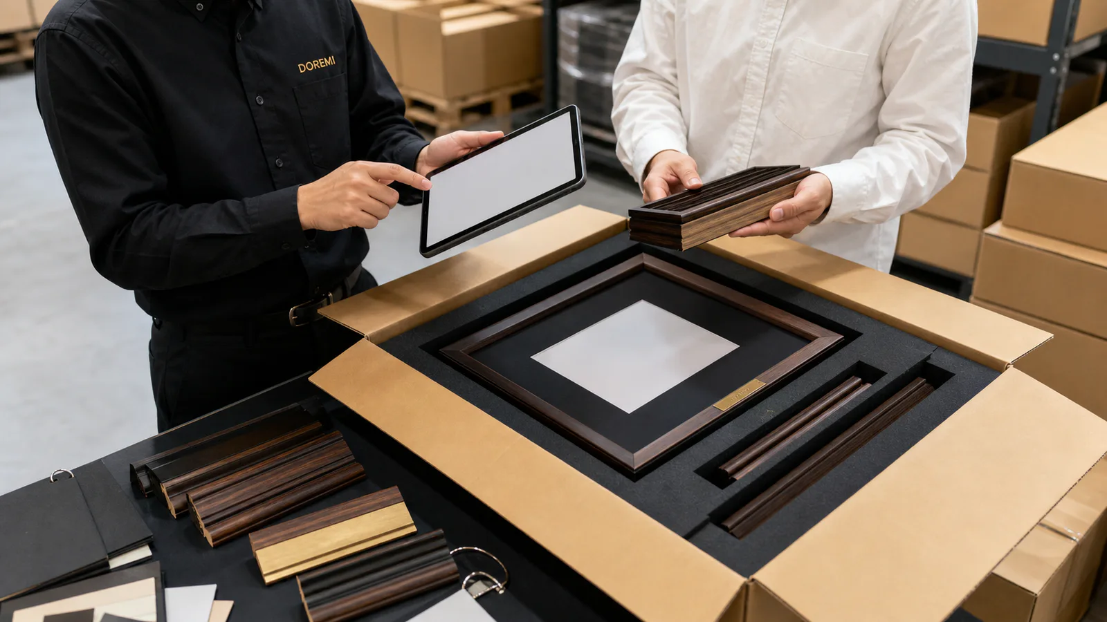 Importer and DOREMI specialist reviewing wooden display-frame materials and protective export packing